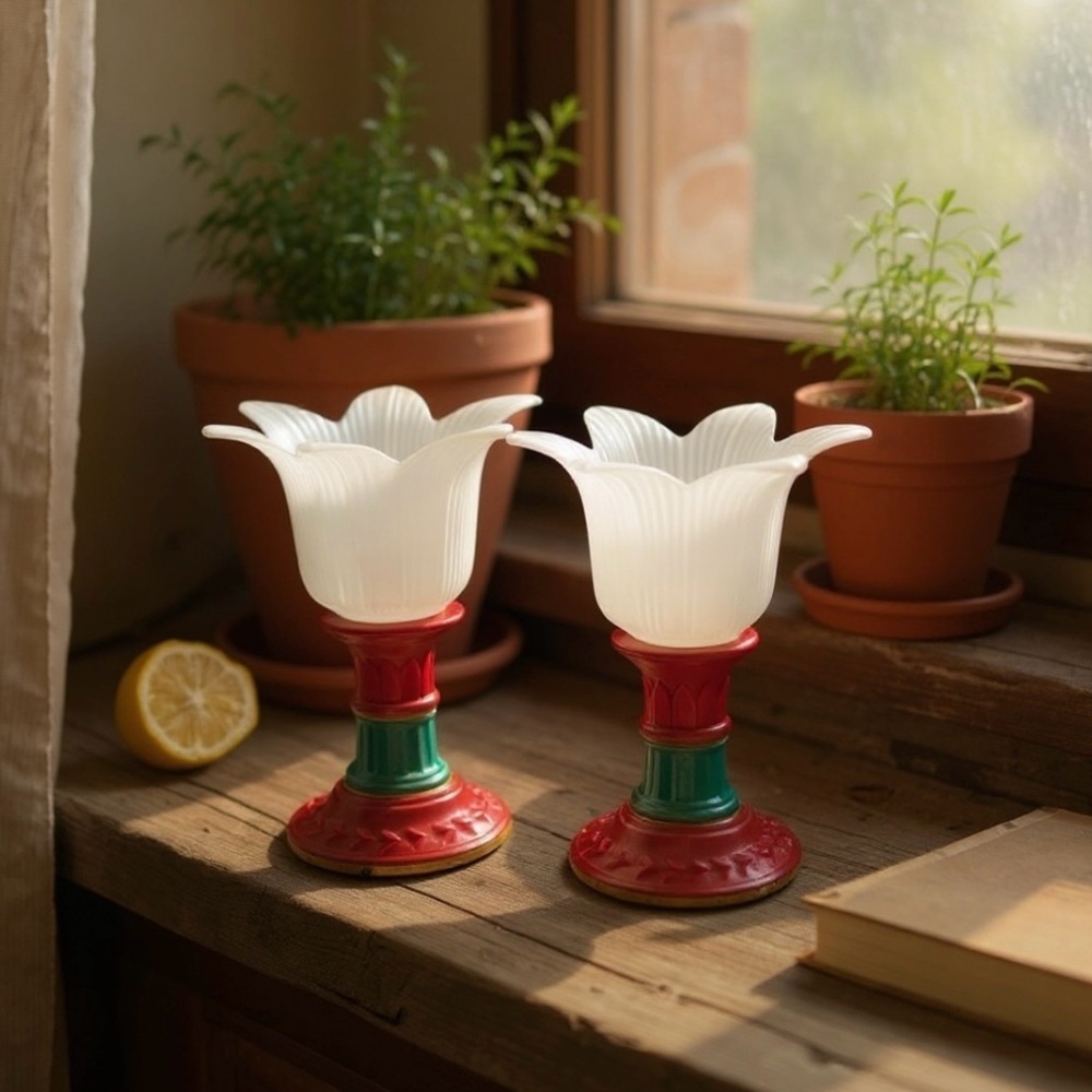 Vintage Portuguese Candle Holders with Frosted Tulip Glass Shades (Set of 2) 6”